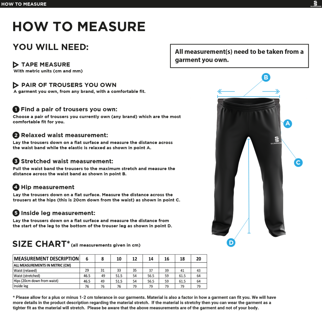 Horspath CC - Women's Rip Stop Track Pant - Size Guide