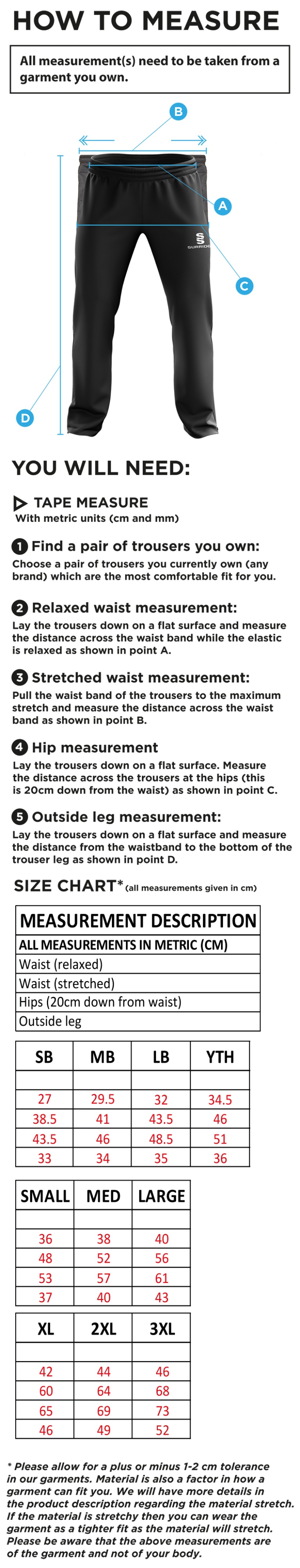 Horspath CC - Ripstop Track Pant - Size Guide