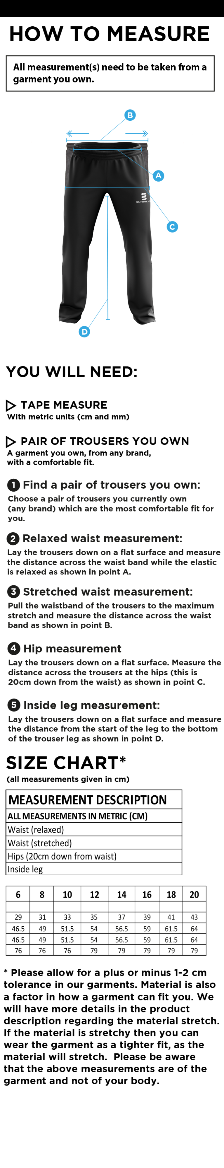 Horspath CC - Women's Rip Stop Track Pant - Size Guide