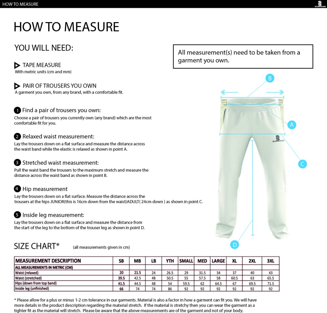 Horspath CC - Standard Playing Pant - Size Guide