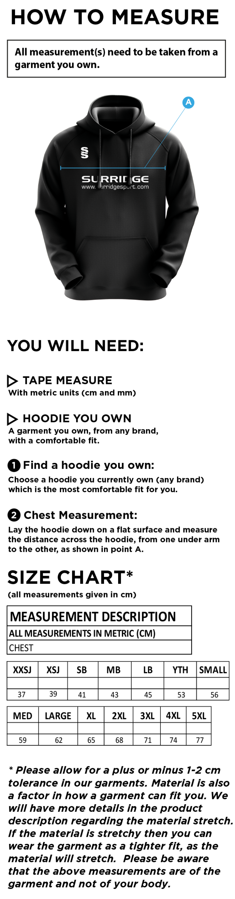 Horspath CC - Blade Hoody - Size Guide
