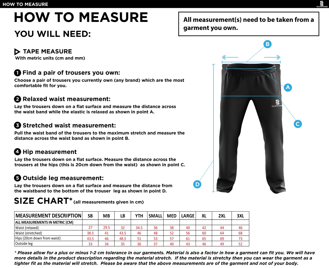 Horspath CC - Ripstop Track Pant - Size Guide