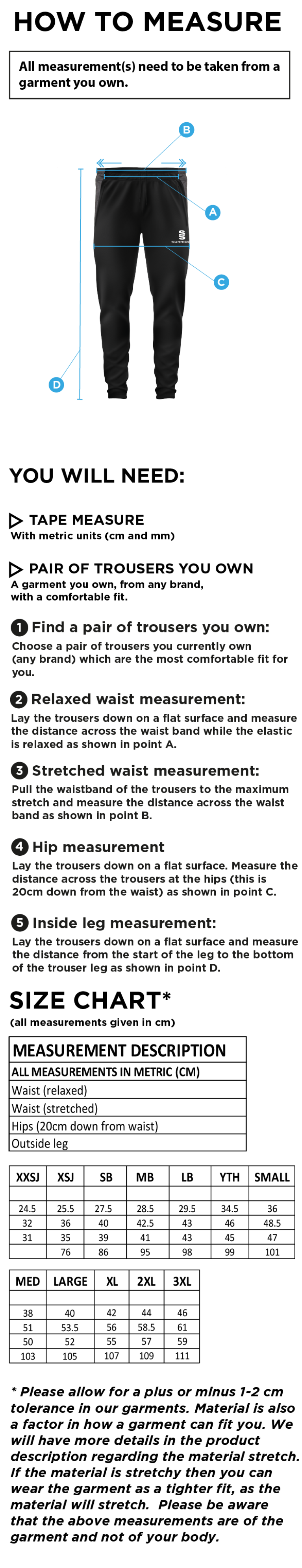 Horspacth CC - Tek Slim Pants - Size Guide