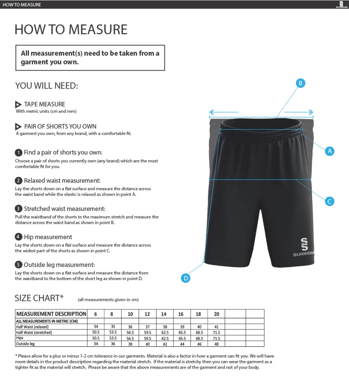 Horspath CC - Women's Ripstop Pocketed Shorts - Size Guide