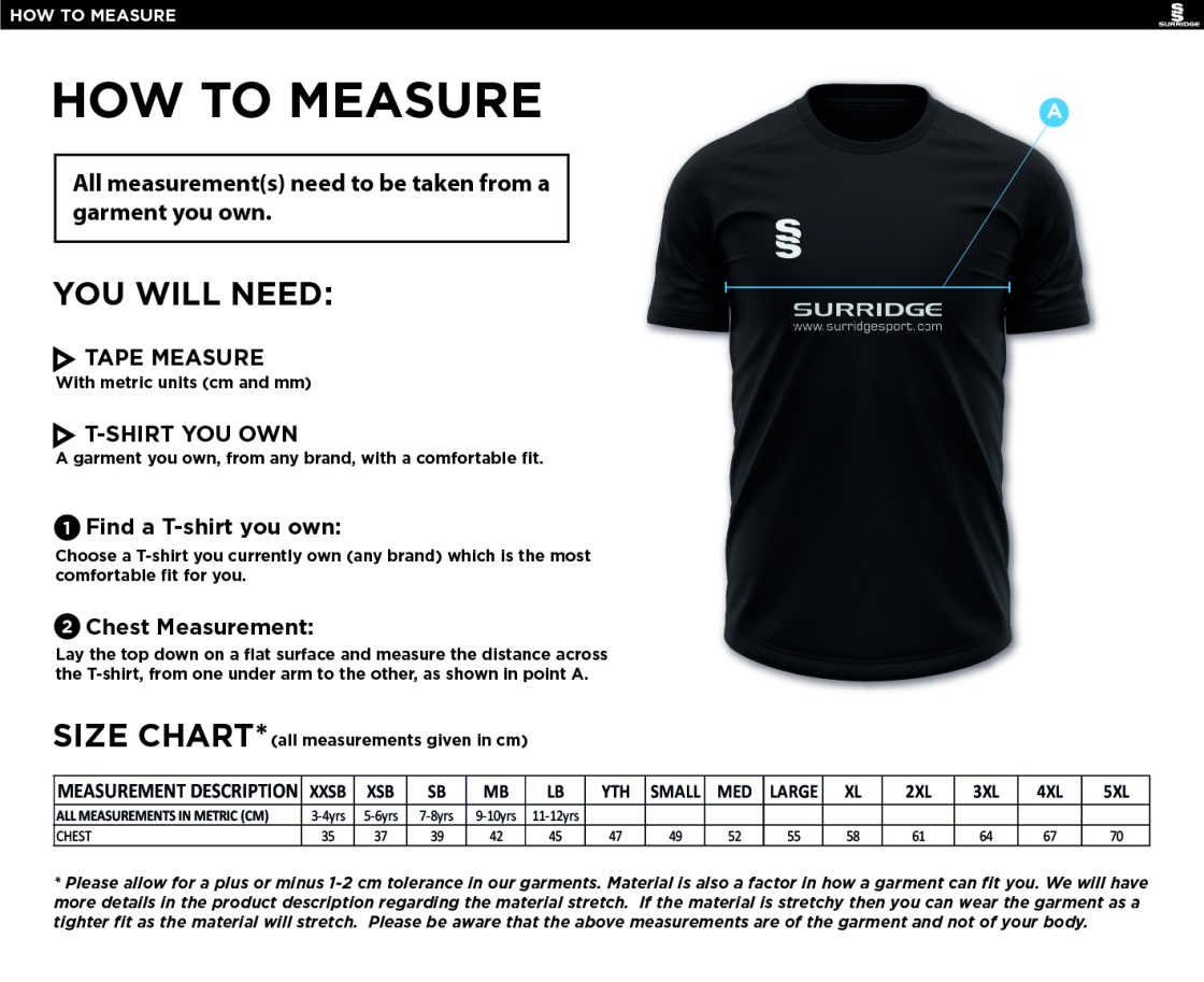 Horspath CC - Dual Training Shirt - Size Guide