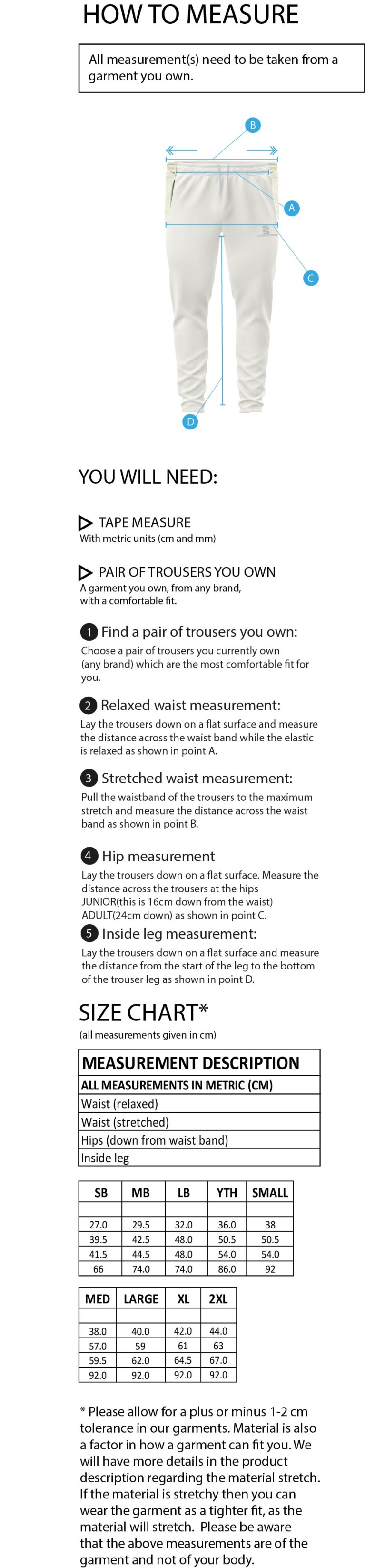 Horspath CC - Ergo Playing Pant - Size Guide